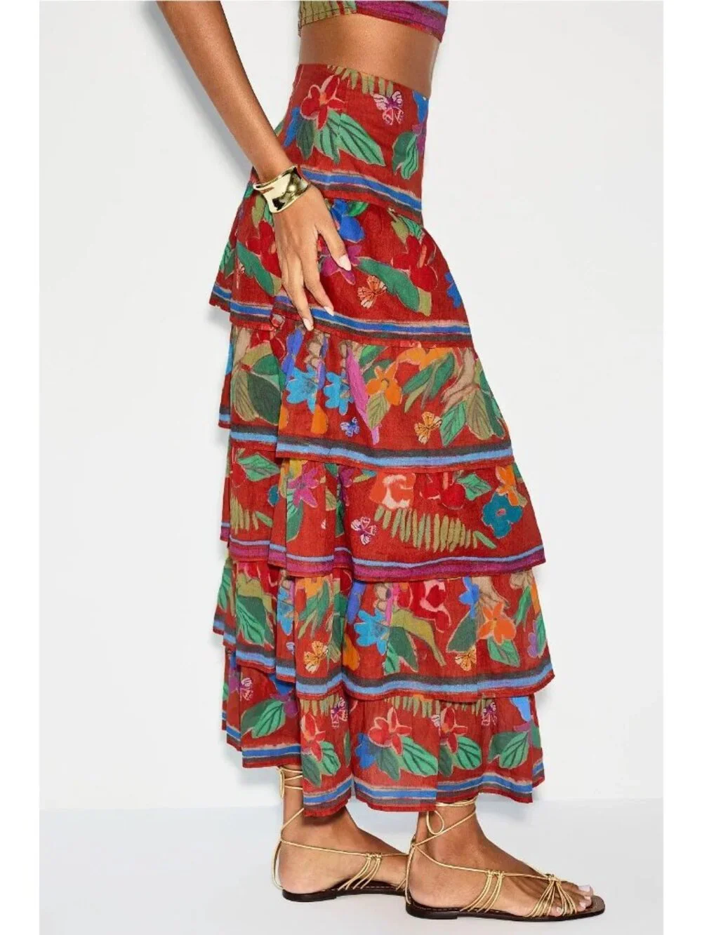 Marie Oliver Christie Floral Cotton Tiered Midi Skirt Womens Long